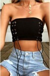 Kadın Beyaz Kuş Gözlü Straplez Crop Bluz Dc106