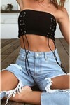 Kadın Beyaz Kuş Gözlü Straplez Crop Bluz Dc106