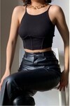 Kadın Siyah Dikişli Kaşkorse Crop Bluz Dc117
