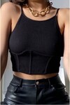 Kadın Siyah Dikişli Kaşkorse Crop Bluz Dc117