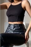 Kadın Siyah Dikişli Kaşkorse Crop Bluz Dc117