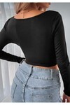 Kadın Siyah Önü Büzgülü Crop Bluz Dc92
