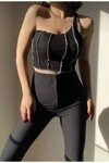 Kadın Siyah Tek Omuz Kontrast Dikişli Crop Bluz Dc116