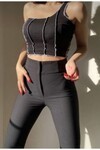 Kadın Siyah Tek Omuz Kontrast Dikişli Crop Bluz Dc116